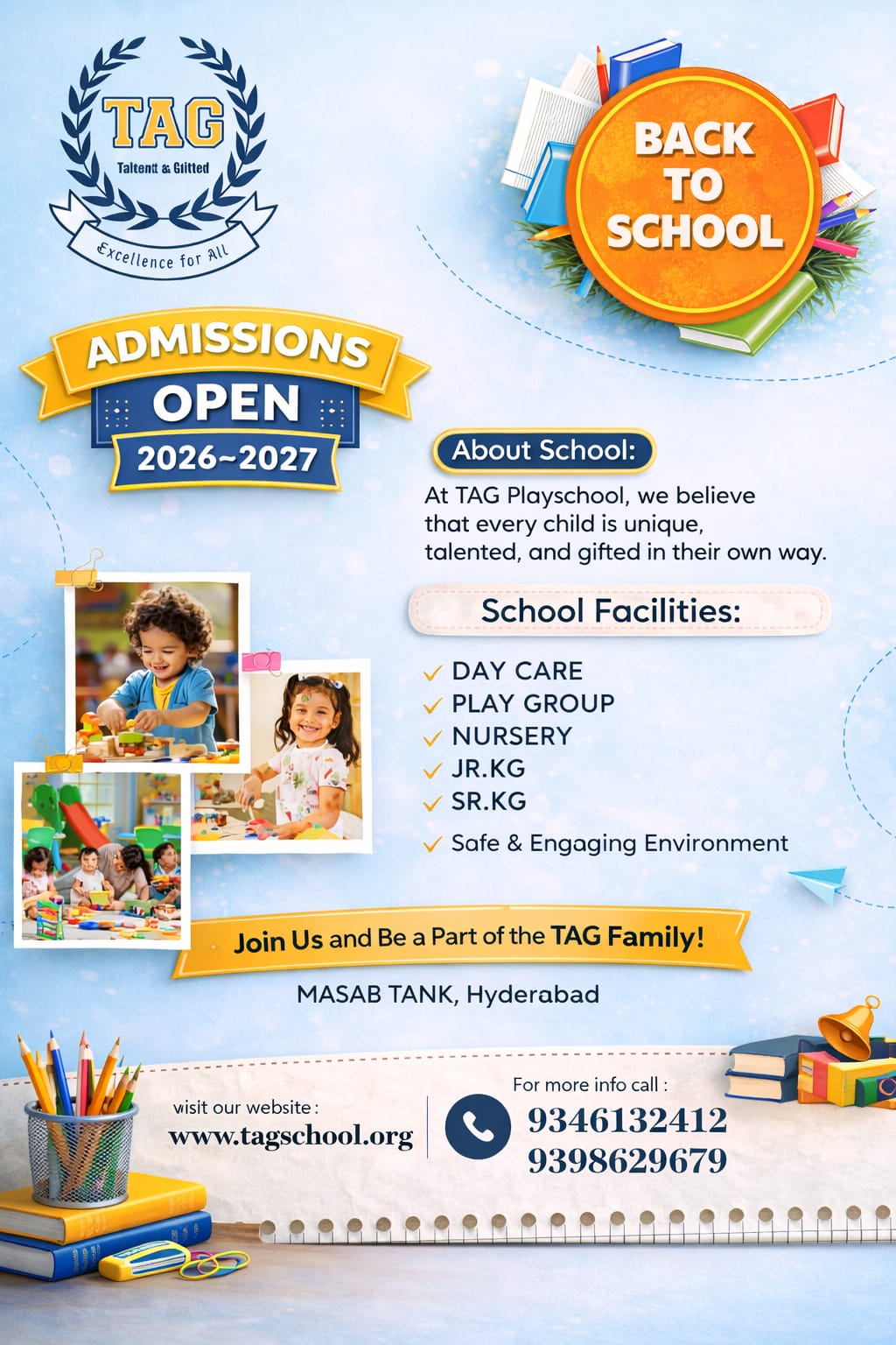 Admissions open for 2025-26 at Tag Play School preschool in Masab Tank, Hyderabad
